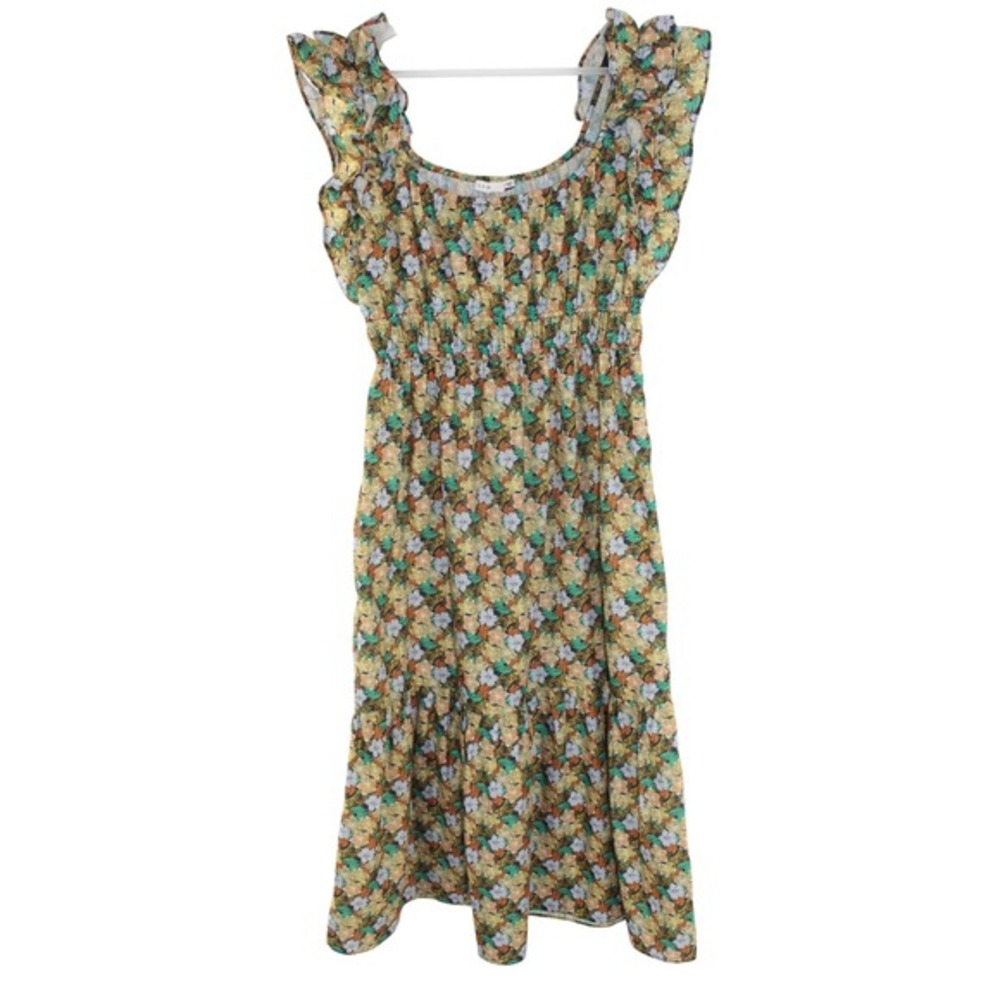 Lush Midi Dress Tropical Floral Ruffle Sleeve Smocked Waist M Multicolor